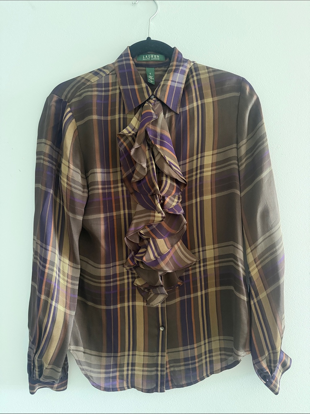 Ralph Lauren Brown & Purple Plaid Ruffle-Front Dress Shirt 100% Silk